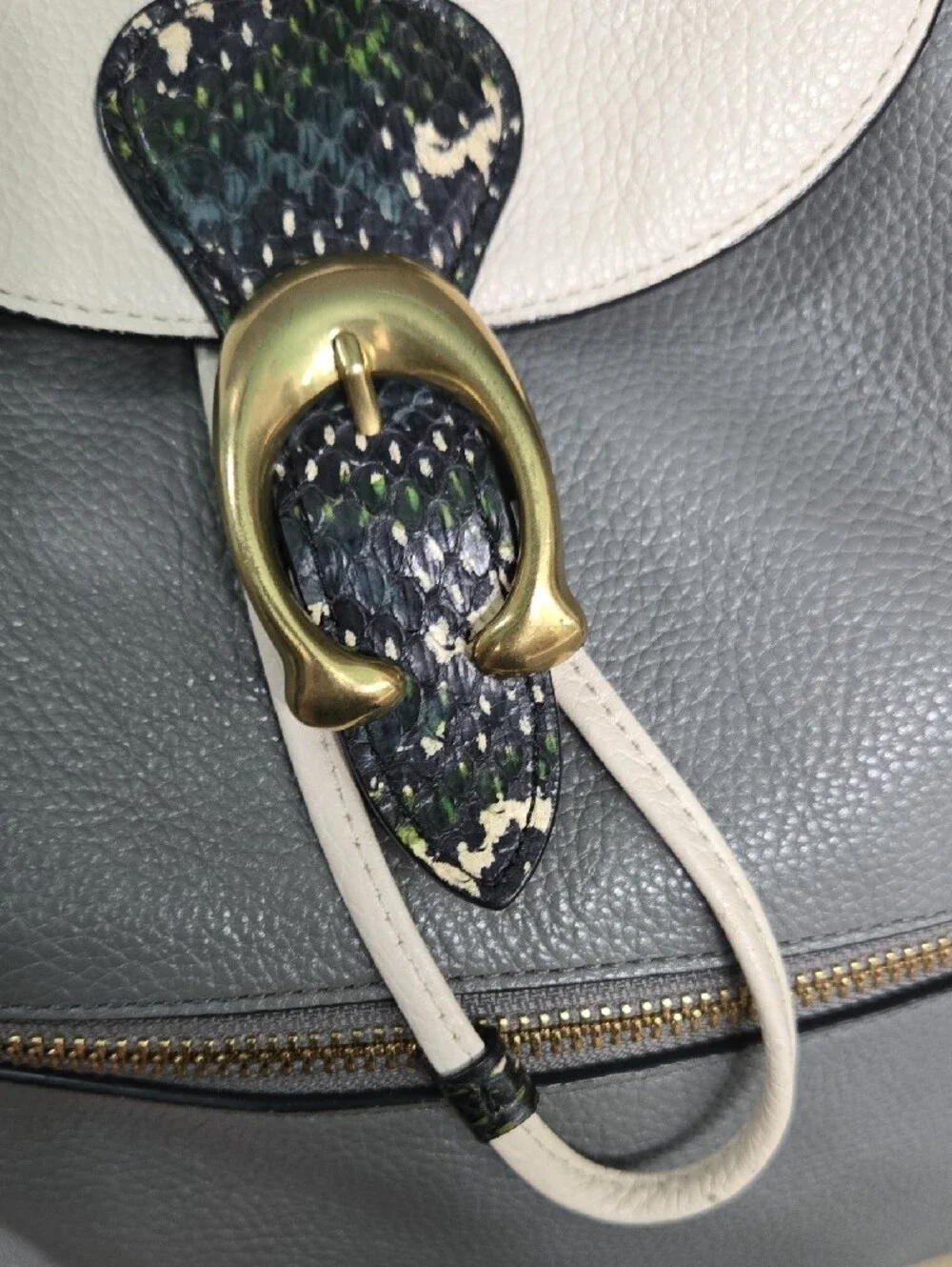 Coach Gray and Cream Leather Drawstring Backpack with Snakeskin Trim - Picture 2 of 14